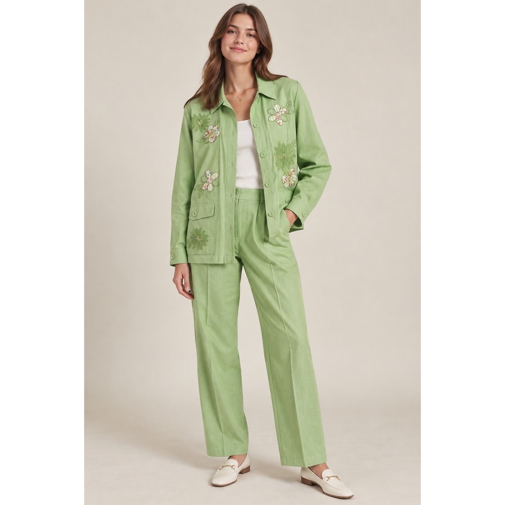 VTG Alfred Dunner Pant Set Womens 16/14 Green Floral Embroidered GrandmaCore